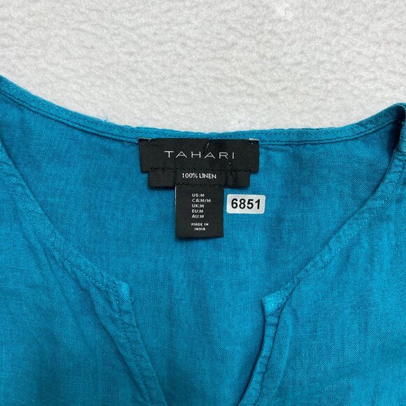 Tahari Top Womens M Teal Blue Short Sleeve Boxy Linen V Slit Neckline - Picture 2 of 11